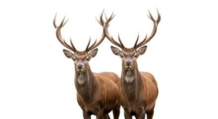Two majestic red deer stags stand side by side against a stark black backdrop, showcasing their impressive antlers and detailed fur, transparent background