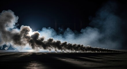 Eerie smoke plume against dark background with bright light source