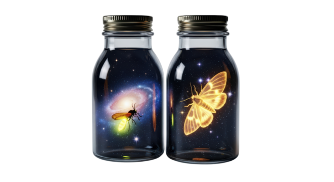 Two glass jars creatively showcase a firefly and a glowing moth against a vibrant, starry galaxy backdrop, transparent background