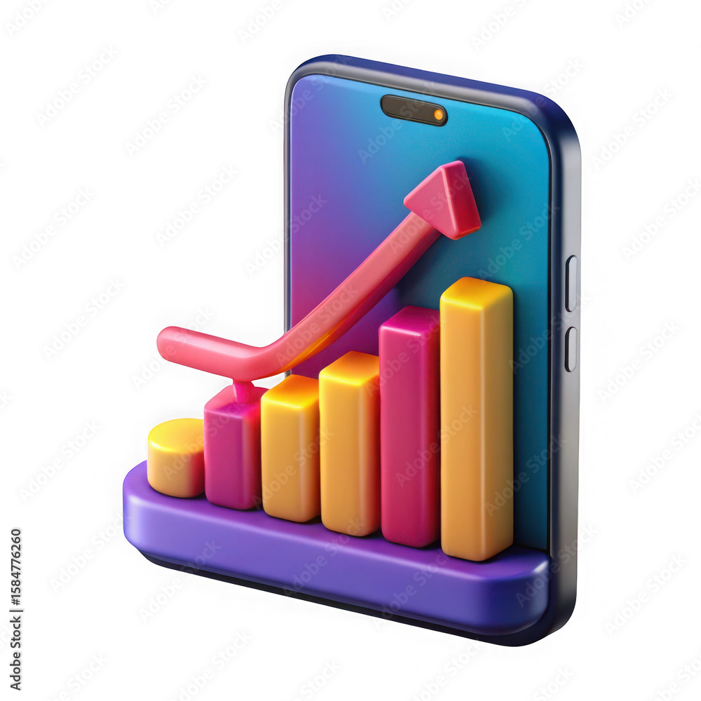 Poster photo of a smartphone displays a colorful bar graph with an upward trending arrow isolated on transp