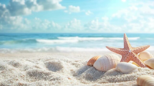 Warm tropical beach with starfish and shells on sandy shore under clear blue sky.