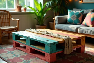 Fototapeta premium Cozy living room with handmade pallet coffee table and vibrant cushions. Reuse of wooden pallets, care for the environment. secondary raw materials and recycling