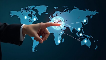 A hand points to a glowing central hub on a digital world map, with lines connecting it to other illuminated points, illustrating global connectivity or network.