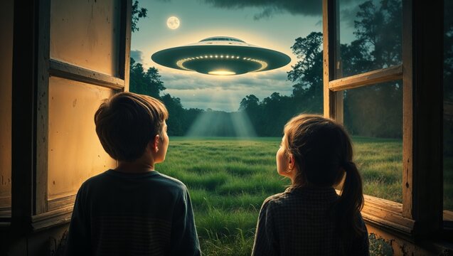 Children gaze at a ufo hovering over a field at dusk