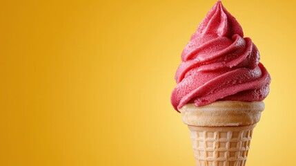 Pink Swirled Frozen Dessert in Waffle Cone Against Yellow Background