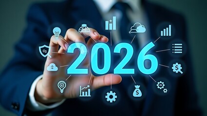 A hand holds up glowing blue numbers "2026" surrounded by various technology and business-related icons.