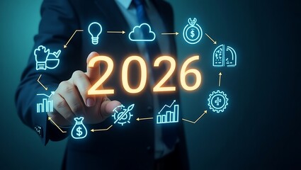 a person in a suit touching a glowing "2026" surrounded by a circular flow of business and finance-related icons.