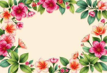 Obraz premium Elegant beige floral frame with vibrant blooms & lush leaves, ideal for invitations, wedding invitation, romantic