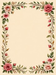 Obraz premium Vintage floral border with pink roses and green leaves on cream background