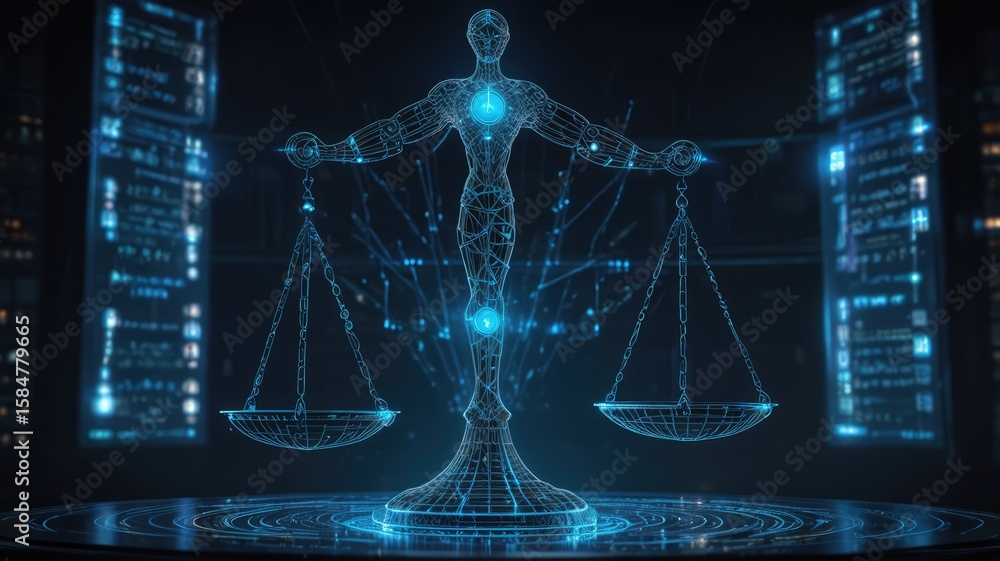 Poster a digital rendering of a humanoid figure holding scales of justice, surrounded by glowing data strea
