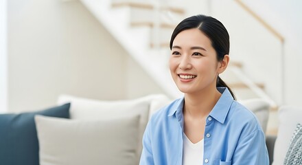 Young asian woman smiling happily in a bright modern living room