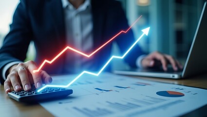 a person using a calculator and reviewing documents, with a glowing arrow chart overlaid, signifying financial analysis or business growth.