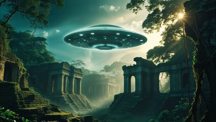 UFO hovers over ancient ruins in a vibrant jungle, creating a scene of mystery and fantasy.