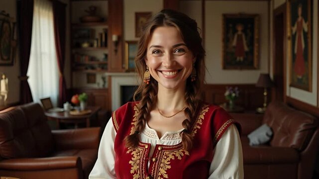 A proud Russian woman showcases her heritage wearing a vibrant red sarafan, radiating grace and beauty in stunning 4k footage.
