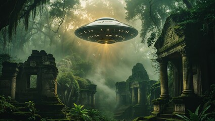 UFO hovers over ancient temple ruins in a mysterious jungle landscape, emitting a bright beam.