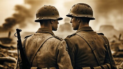 Two soldiers in uniform stand on a sepia-toned battlefield, a moment of reflection or shared experience.