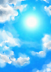 白い雲と右上に眩しい太陽がある青い空のイラスト素材　