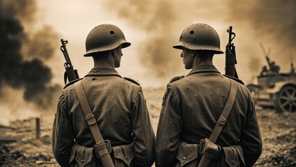 Two soldiers face a smoky battlefield, rifles at the ready in a moment of conflict and war.