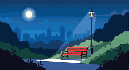 Serene urban park scene at night illuminated by a streetlamp casting a warm glow on a lonely bench under a bright full moon