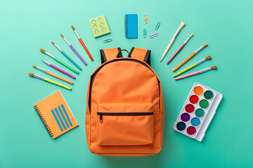 Orange backpack surrounded by school supplies including paintbrushes notebooks and watercolor
