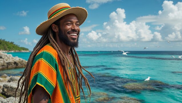 Smiling man with dreadlocks enjoys a sunny day by the ocean with seagulls.