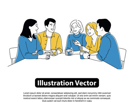 A group of five people are sitting around a table, talking and drinking coffee in a casual setting, depicted in a line art style.