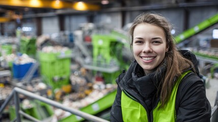 A smiling woman in safety gear at a recycling facility, promoting sustainability and environmental awareness.