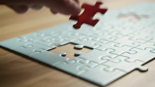 Partially completed jigsaw puzzle featuring mostly blue pieces, with one contrasting red piece partially fitted into the puzzle