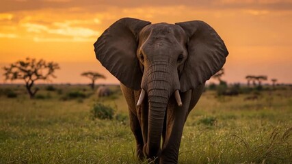 A majestic elephant walks through a lush green landscape at sunset, framed by a vibrant sky.