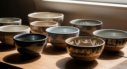 Collection of handcrafted ceramic bowls, varying in size and glaze, arranged on a wooden surface with natural light streaming in from a nearby window.