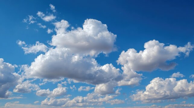 A stunning view of fluffy white clouds against a clear blue sky, perfect for nature and weather-related projects.