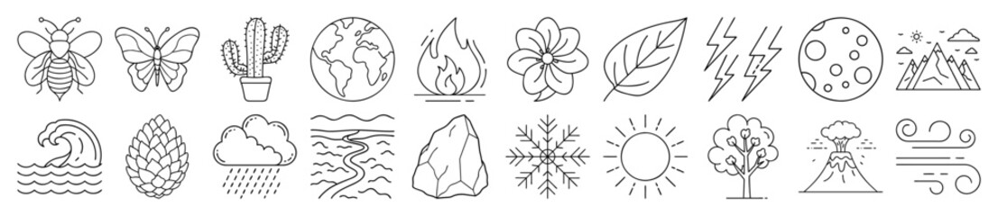 Nature, Environment, and Natural Phenomena Outline Vector Icon Set