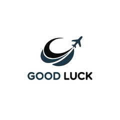 Dynamic vector design featuring an airplane taking off with a circular or swoosh trail, ideal for tourism, flight, shipping, delivery, or international business branding in navy blue