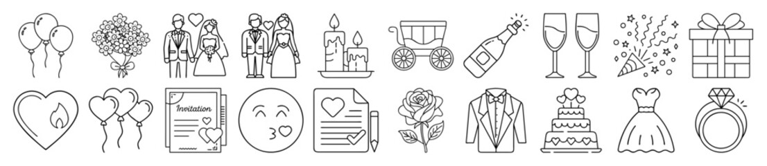 Romantic Wedding and Marriage Outline Vector Icon Set