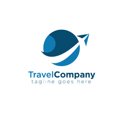 Dynamic and modern aviation and tourism logo vector template featuring an airplane icon flying around a stylized globe or sphere, ideal for booking or international travel agency branding