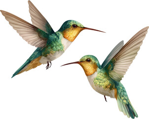 Fototapeta premium Two beautiful iridescent hummingbirds with green and gold feathers flying isolated on transparent background