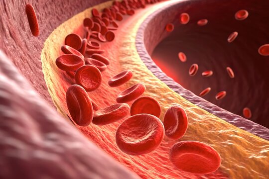 x-default Microscopic view of red blood cells flowing through an artery