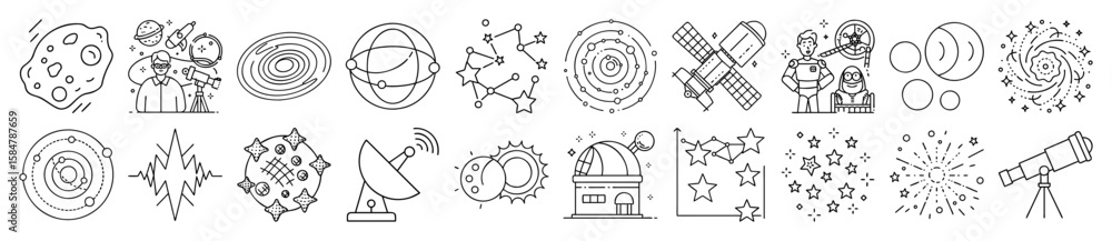 Sticker comprehensive space, astronomy, and celestial bodies outline vector icon set - representing various 