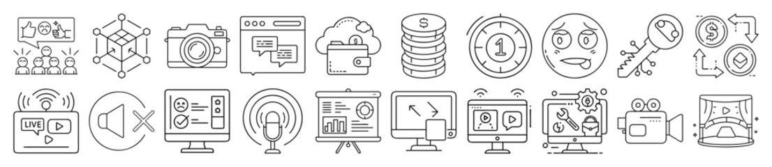 Digital Content, Media Streaming, and Online Communication Outline Vector Icon Set - representing digital content, media streaming, online communication, and modern technology