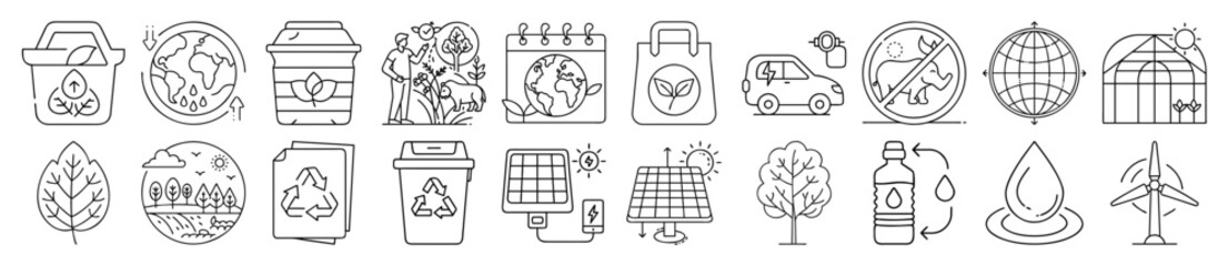 Environmental Protection, Sustainability, and Eco-Friendly Solutions Outline Vector Icon Set - representing environmental protection, sustainability, recycling, and eco-friendly solutions