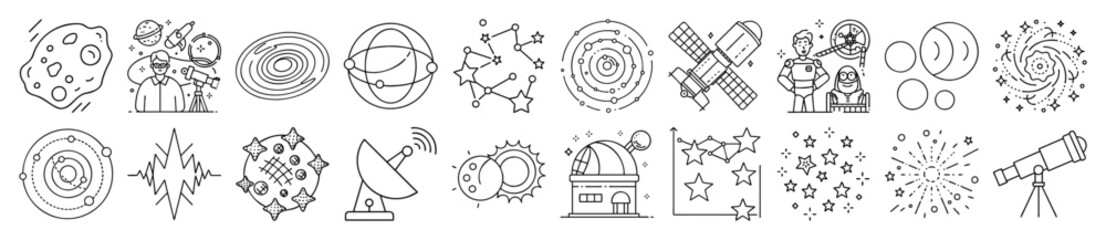 Comprehensive Space, Astronomy, and Celestial Bodies Outline Vector Icon Set - representing various aspects of space, astronomy, celestial bodies, and scientific exploration of the cosmos.