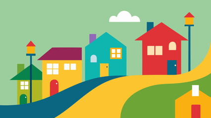 colorful homes street lamp village urban cartoon