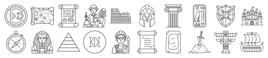 Ancient History, Archaeology, and Mythology Outline Vector Icon Set - representing ancient history, archaeology, mythology, and exploration. Ideal for educational content