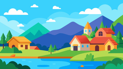 serene village lake landscape cozy house cartoon