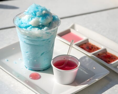 Whimsical blue cotton candy shake served with syrup on clean white plate