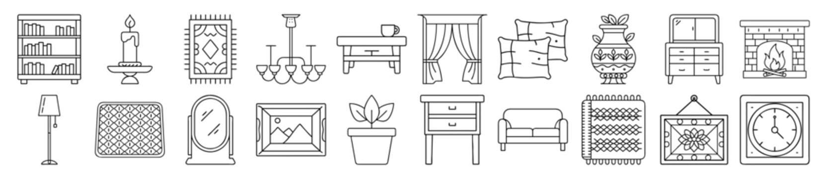 Bedroom Furniture, Decor, and Home Essentials Outline Vector Icon Set - representing various furniture pieces, decor, and essential items for a home bedroom