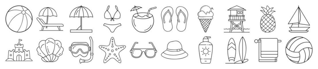 Fun Beach, Summer Vacation, and Tropical Holiday Outline Vector Icon Set