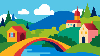Naklejka premium vibrant village scene curved stone bridge