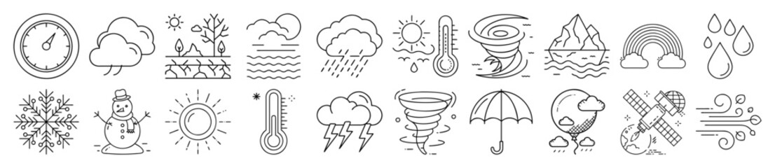 Comprehensive Weather Forecast and Climate Conditions Outline Vector Icon Set