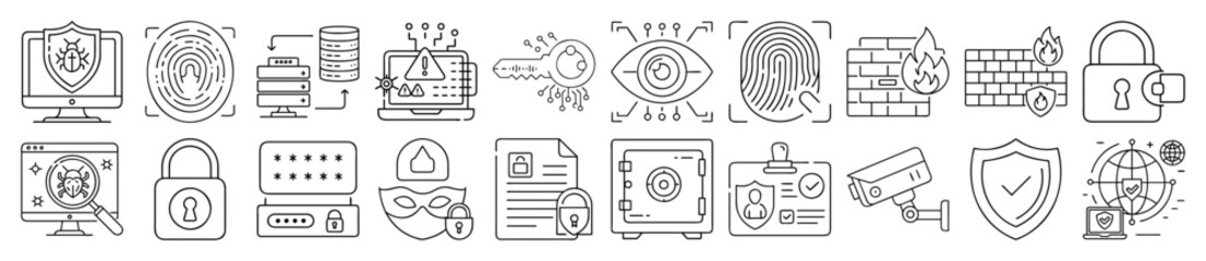Cybersecurity, Data Protection, and Digital Security Outline Vector Icon Set